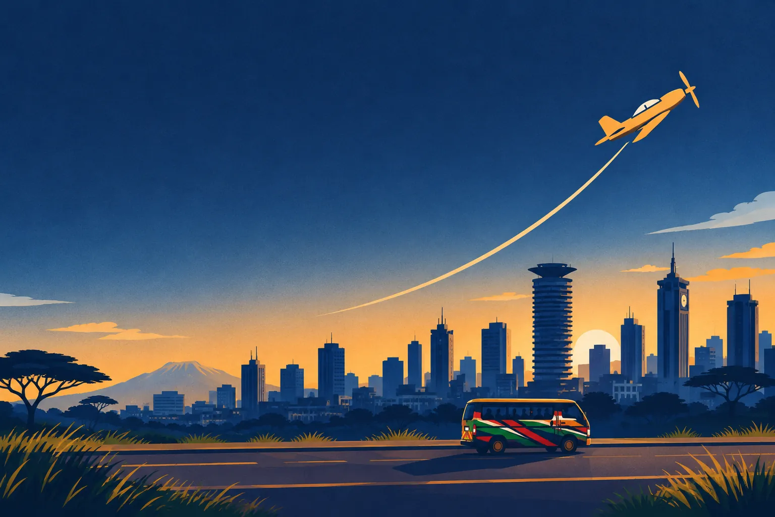 A plane climbing over the Nairobi skyline at dawn, a matatu on the road below